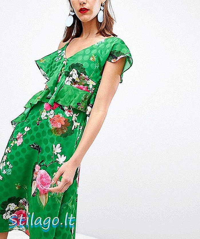 River Island Floral Print One Shoulder Midi Dress-Green