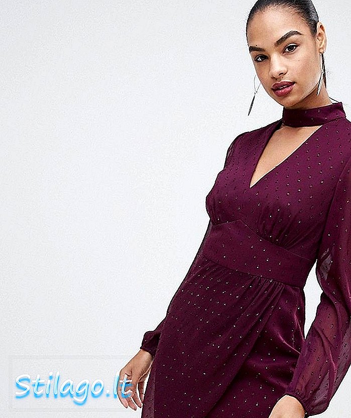 Forever New sheer spot wrap dress dengan detail choker in burgundy-Red