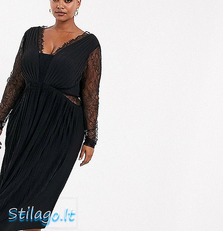 ASOS DESIGN Dantelă curbă și rochie midi cu mâneci lungi plisată-Negru