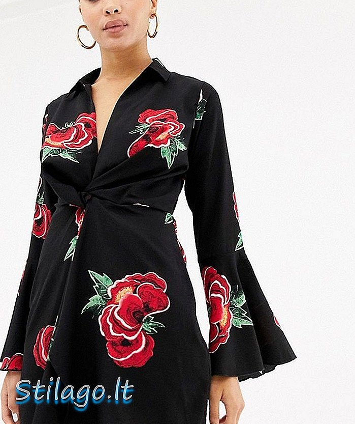 שמלת טוקס מיני שרוול מפואר עם שרוולים מנותקים בשחור פרחוני-מולטי