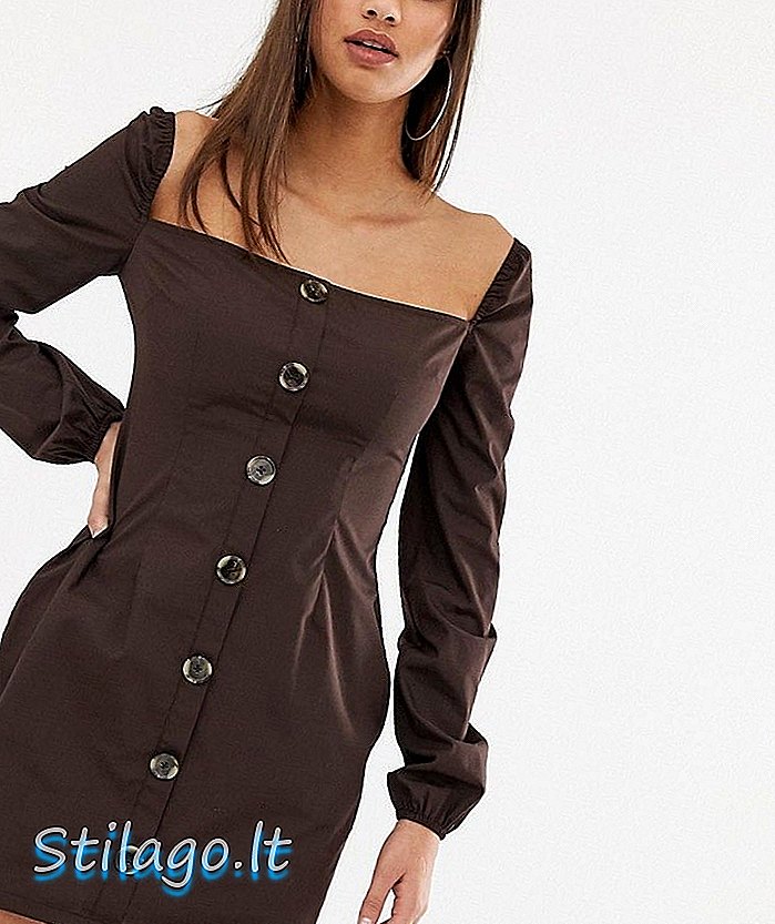 Міні-плаття з квадратним вирізом з красивим рукавом в шоколадно-коричневому кольорі