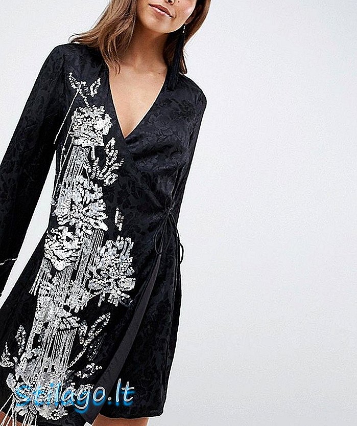 ASOS DESIGN - Robe portefeuille en kimono avec perles et ornements avec liens à pompons - Noir