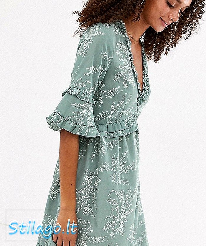 Parisisk volumet kjole i detaljer i mini fern print - Grønn