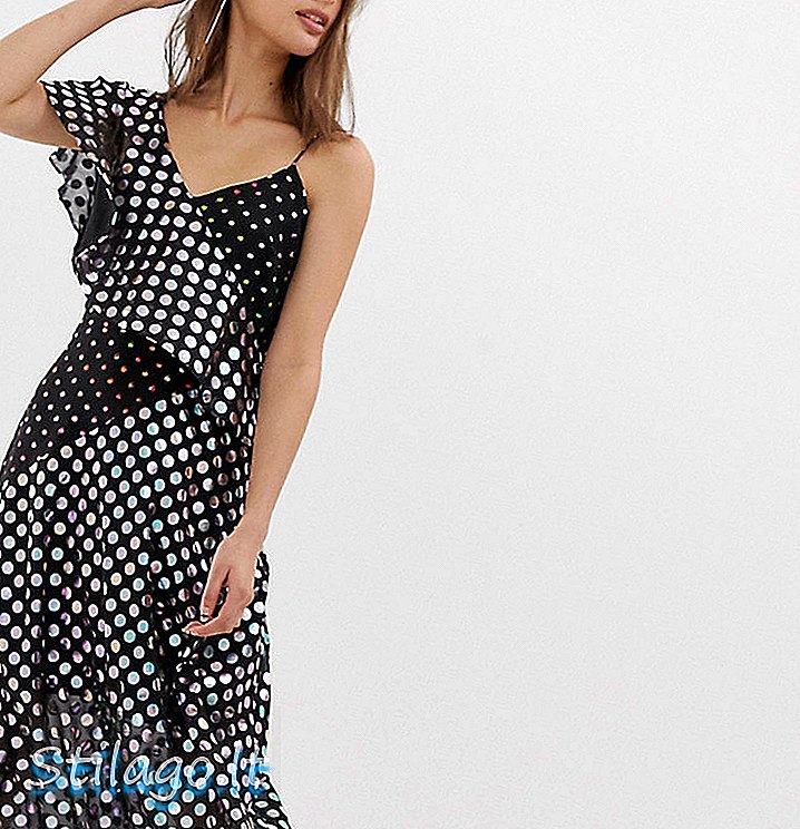 Karışık nokta folyo baskıda depo asimetrik midi elbise-Multi
