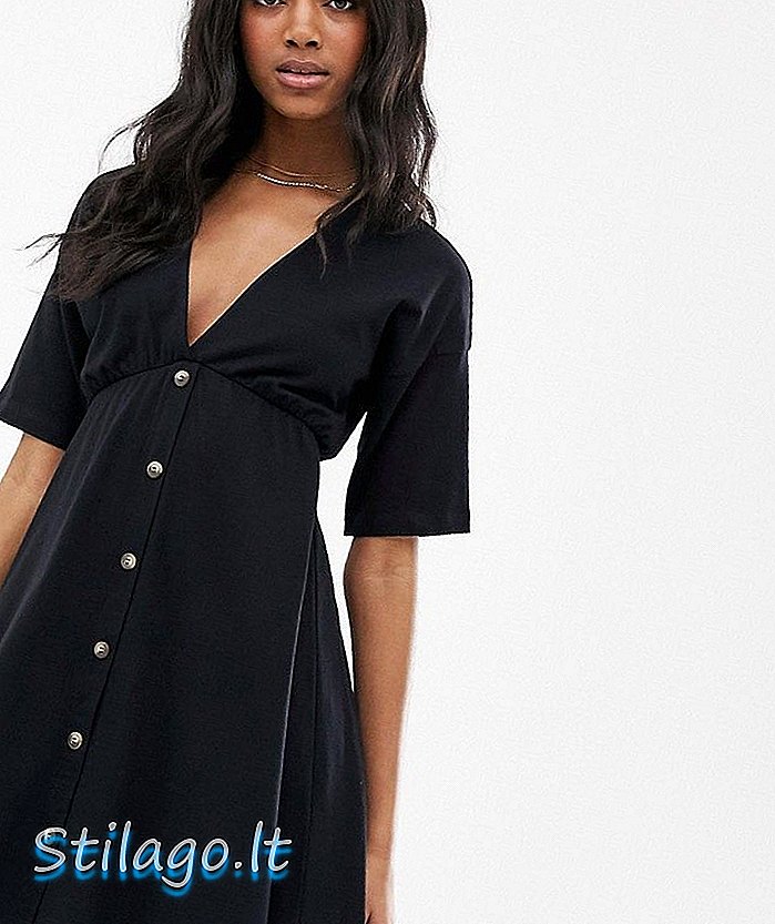 ASOS DESIGN düğmeli mini pamuklu çaylık elbise-Siyah