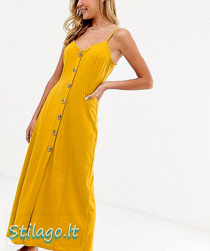 ASOS डिजाइन मैक्सी slubby cami स्विंग पोशाक अशुद्ध लकड़ी बटन-पीला के साथ