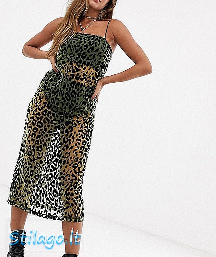 Puošni, maksimali, motelio suknelė su perdegtu aksominiu leopardo žaliu