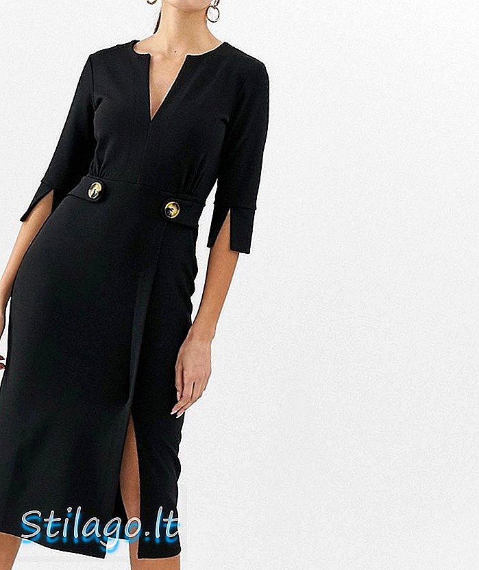 Obleka ASOS DESIGN v obleki s svinčnikom na vratu midi z gumbom v pasu-črna