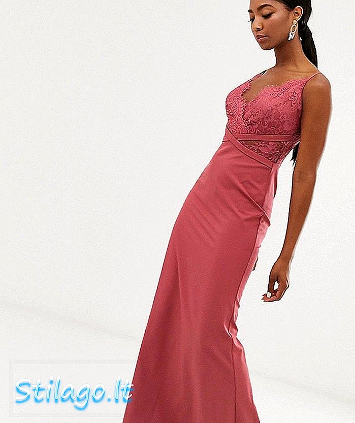 Little Mistress lace top fishtail maxi dress in dark coral-Pink