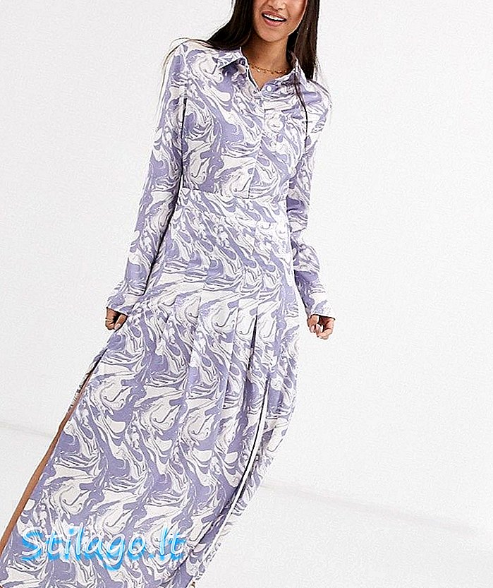 대리석 프린트로 주름을 잡은 스커트가있는 매력적인 미디 셔츠 드레스
