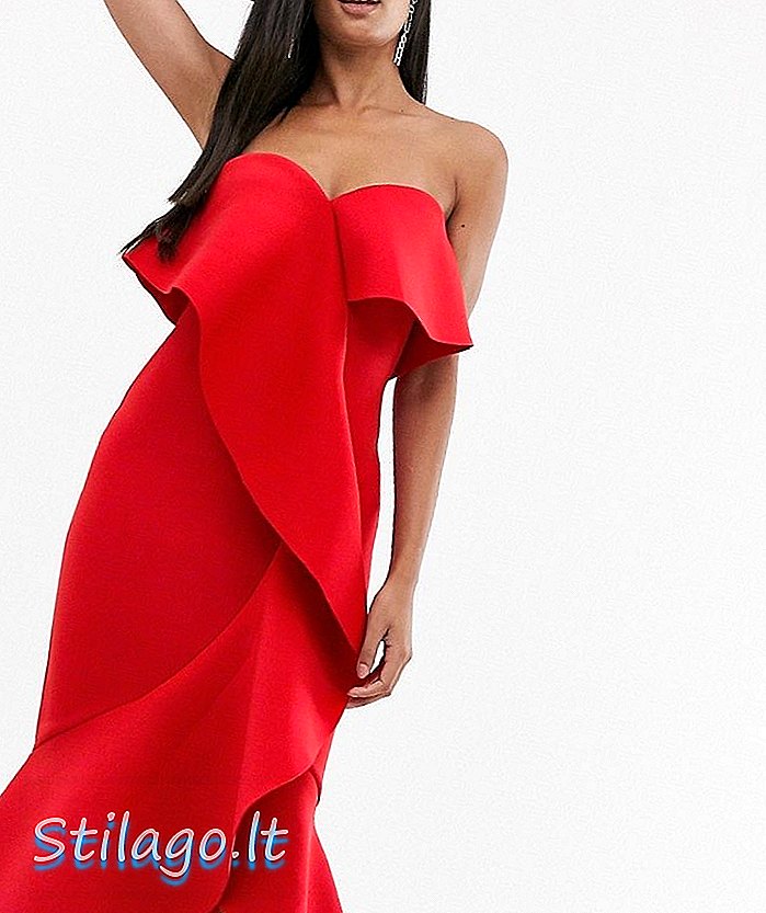 Elegante abito midi scuba bandeau con volant esagerato in rosso