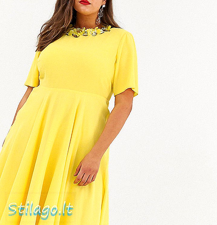 ASOS DESIGN فستان متوسط ​​الطول منحنى بقصّة منحنية - أصفر