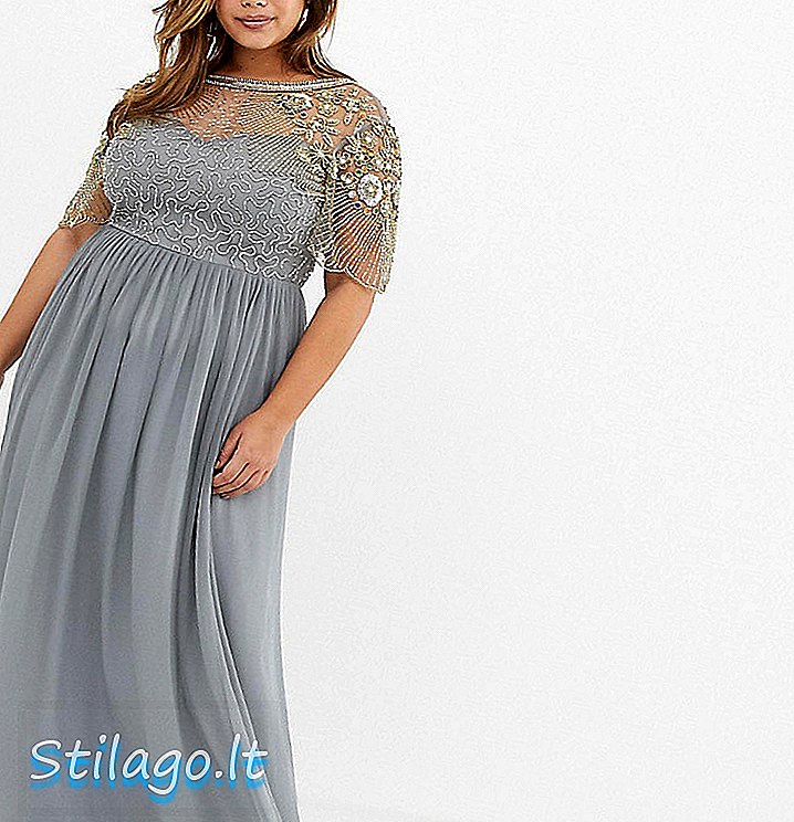 Švelniai pilkos spalvos „Virgos Lounge Plus“ puošta maxi suknelė su pynimo rankovėmis