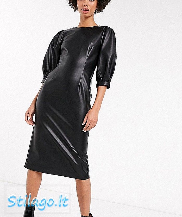 Monki faux læder midi kjole i sort