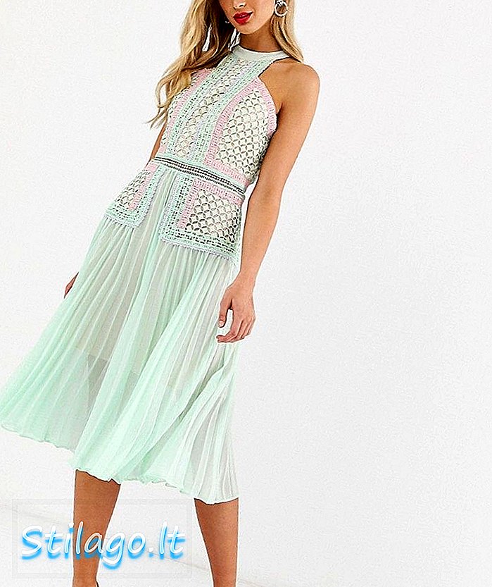 Ægte Decadence premium halter hals midi-kjole med kontrastfarvede paneler og plisseret nederdel i tonet mintgrøn