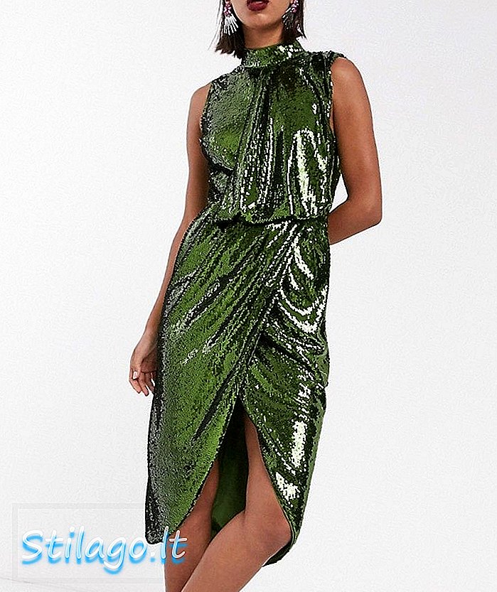 ASOS DESIGN paljett midi blyant midi kjole med drapering foran-grønn