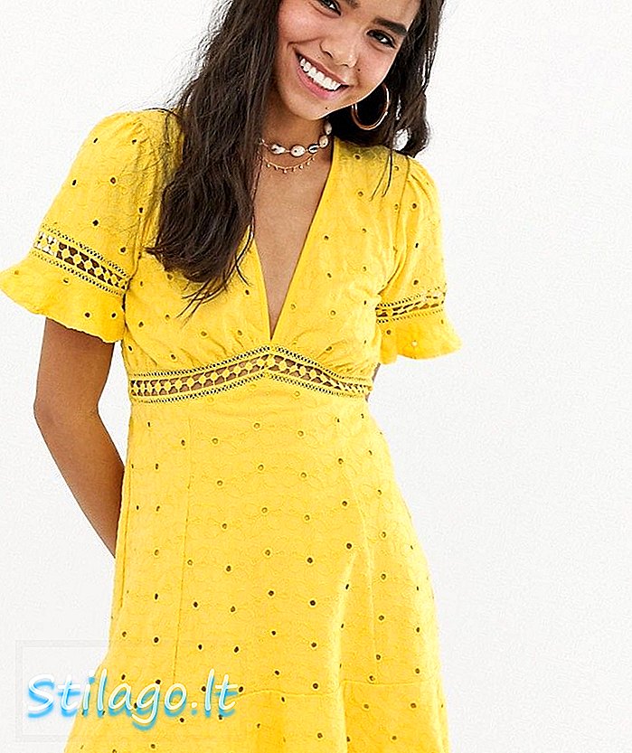 ASOS DESIGN Gaun teh broderie dengan anyaman tangga trim - Kuning