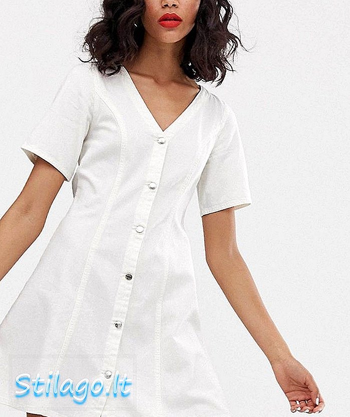 Monki Denim V yaka Kısa Kollu Mini Elbise Beyaz