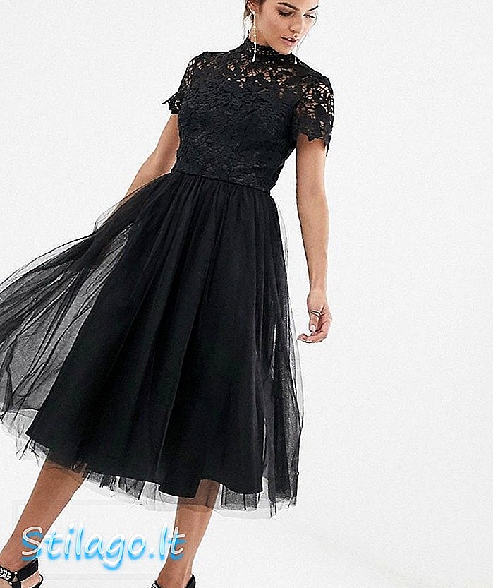 ब्लैक में ट्यूल स्कर्ट के साथ ची ची लंदन हाई नेक लेस मिडी ड्रेस