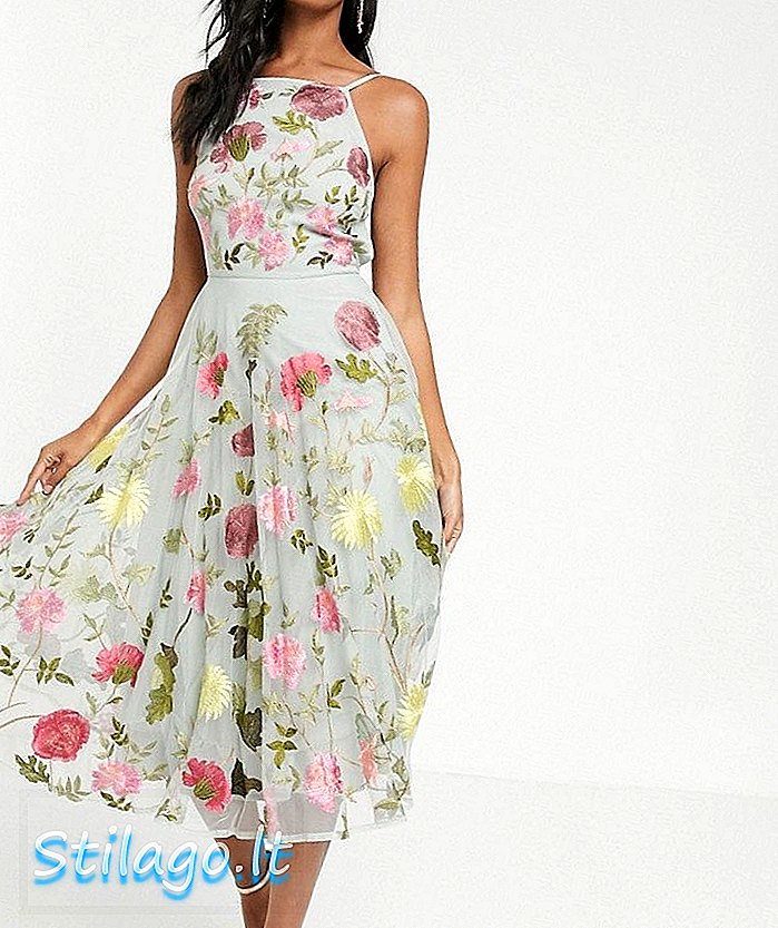 ASOS EDITION yular boyun çiçek işlemeli midi elbise-Multi