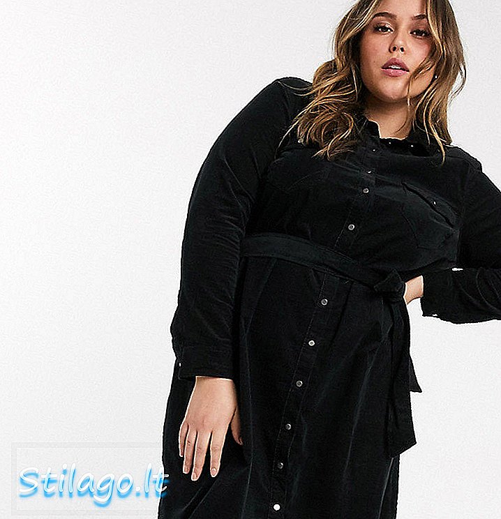 New Look Curve belted cord shirt dress in black