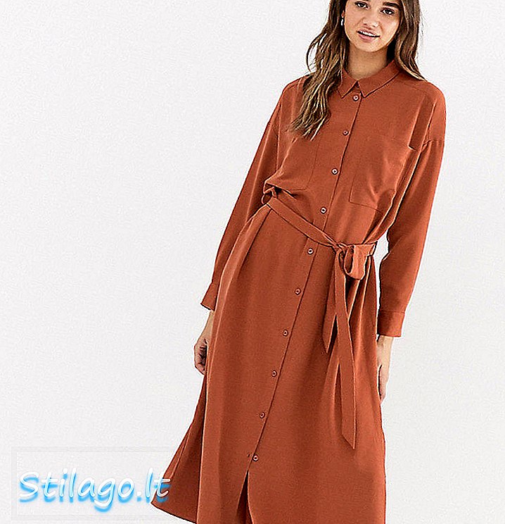Сукня з сорочкою в пояс з Monki midi з кишенями в іржаво-коричневому кольорі