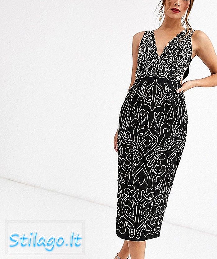 Ołówkowa sukienka midi ASOS DESIGN z metalicznym haftem i ozdobną ćwiekami - czarna