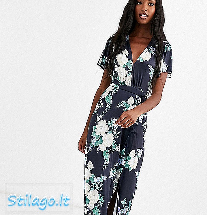 ASOS DESIGN Vysoko kvetinový flutterový rukáv maxi šaty s strapcovým pásom-Multi