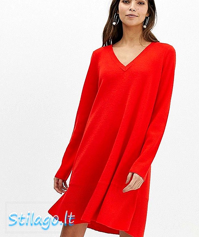 ASOS DESIGN v neck dress di rajutan halus dengan ruffle hem-Red
