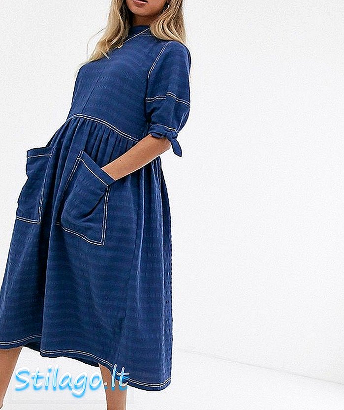 ASOS DESIGN - Aangerimpelde midi-jurk met textuur en geknoopte mouwen - Blauw