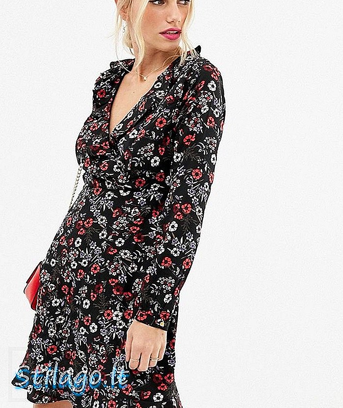 Uttam Boutique s dlouhým rukávem ditsy print frill wrap dress-Black