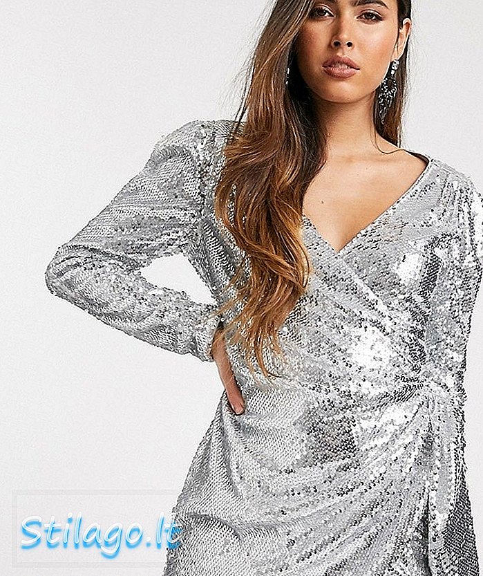 Skylar Rose quấn mini váy phía trước trong sequin-Silver kiểu dáng đẹp
