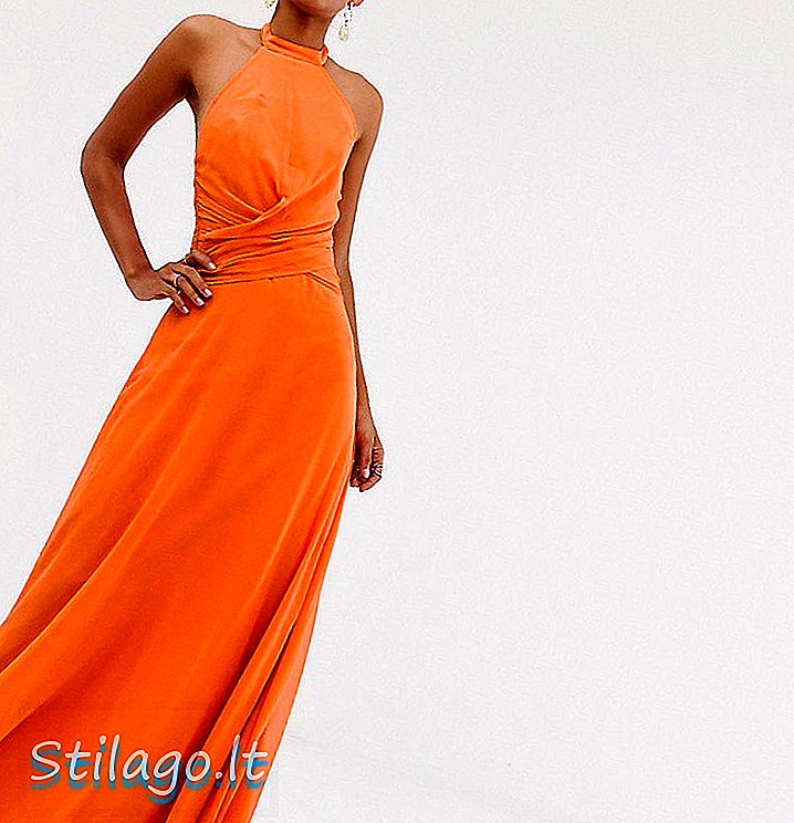 ASOS DESIGN - Vestito lungo alto con collo alto e dettaglio drappeggiato in vita - Arancione