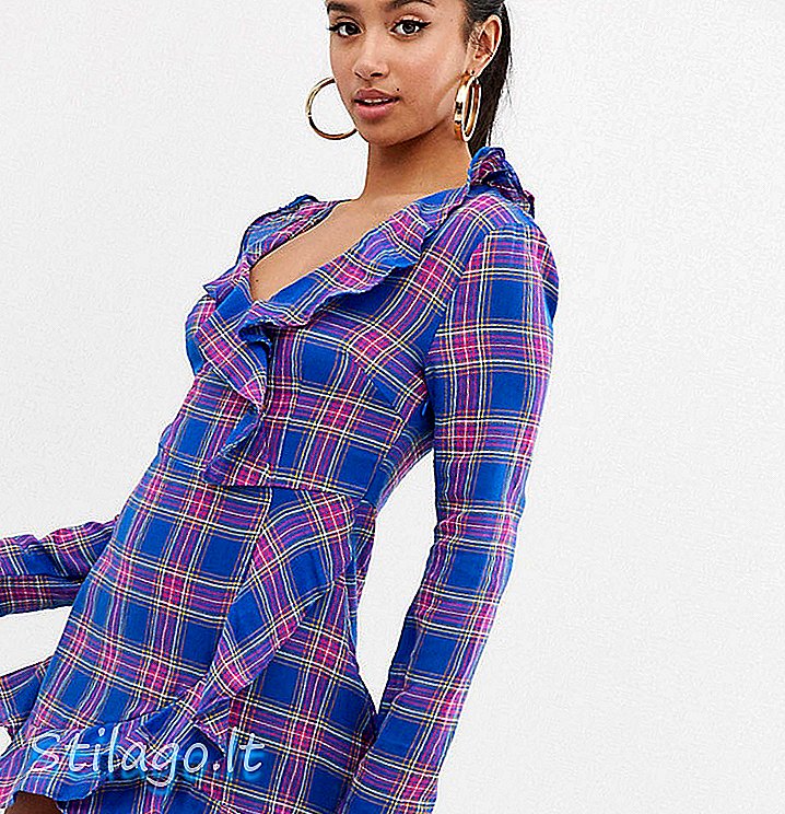 Missguided Petite wrap dress in blue check-Multi