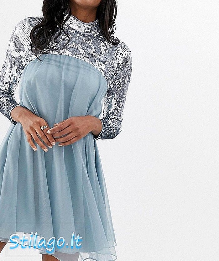एएसओएस डिझाईन लांब आस्तीन सुशोभित योक मिडी स्मोक ड्रेस-ब्लू