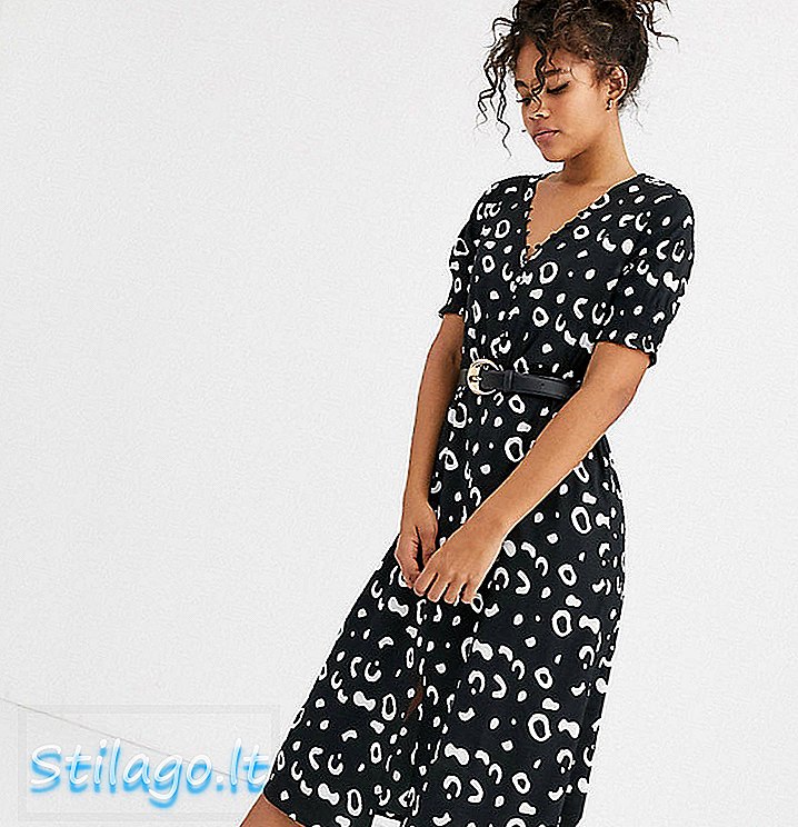 Influence Tall midi-jurk met geplooide mouwen en knoopsluiting in abstracte print-zwart