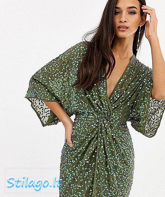 ASOS DESIGN - Mini-kimono mini-jurk met geknoopte voorkant en lovertjes - Groen