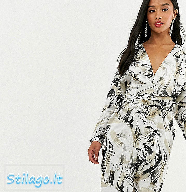 ASOS DESIGN Petite midi-kjole med bugsende ærme og indpakning i taljen i satin i abstrakt print-Multi