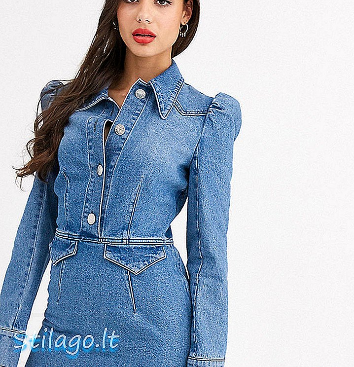 ASOS DESIGN Hohes Mini-Westernkleid aus Jeansstoff mit Puffärmel-Blau