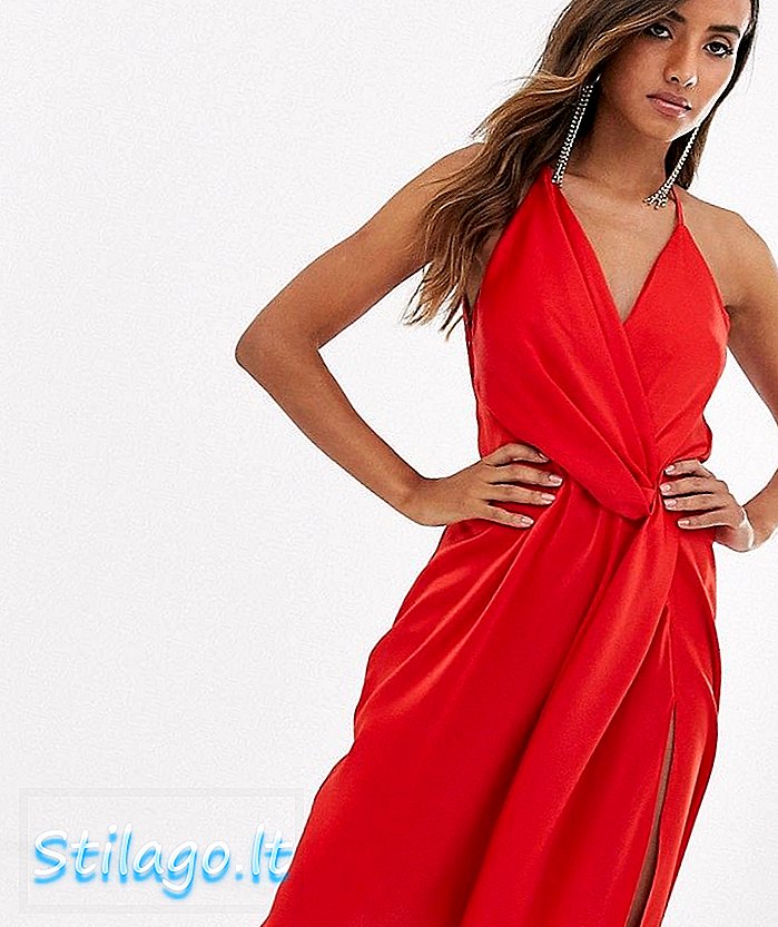 ASOS DESIGN minimalistyczna drapowana sukienka midi w satynowo-czerwonym kolorze