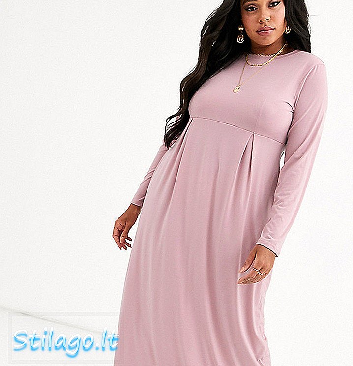 Gaun maxi jersi lengan panjang Verona Curve dengan lipit dalam mawar berdebu-Pink