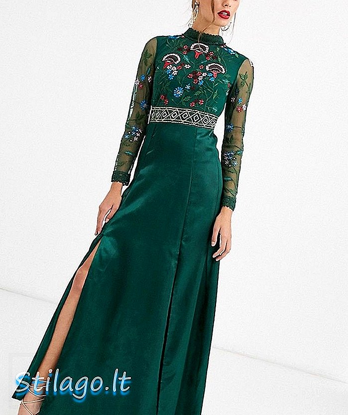 Бродирана макси рокля с дълъг ръкав Frock & Frill-зелена