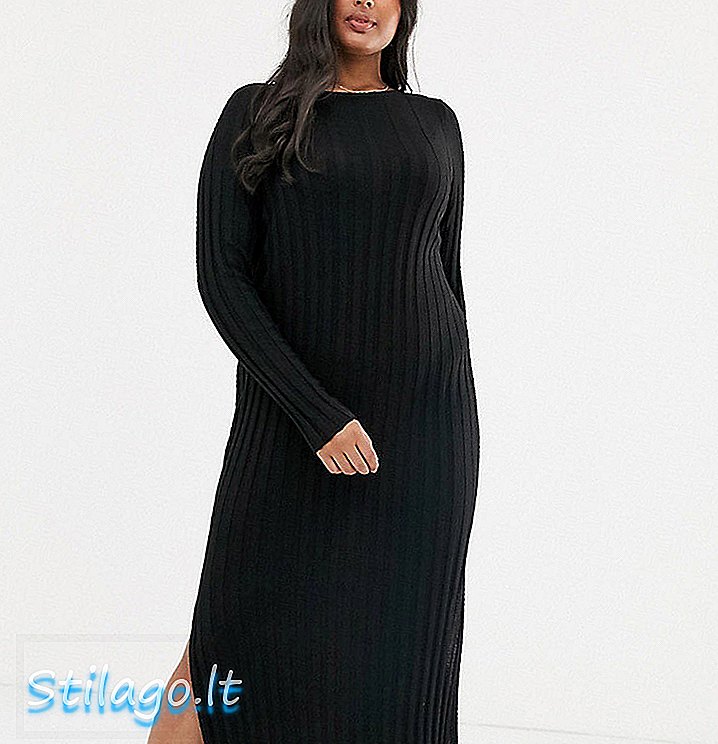ASOS DESIGN Curve - Fijngebreide midi-jurk van geribbeld materiaal van gerecyclede mix-zwart