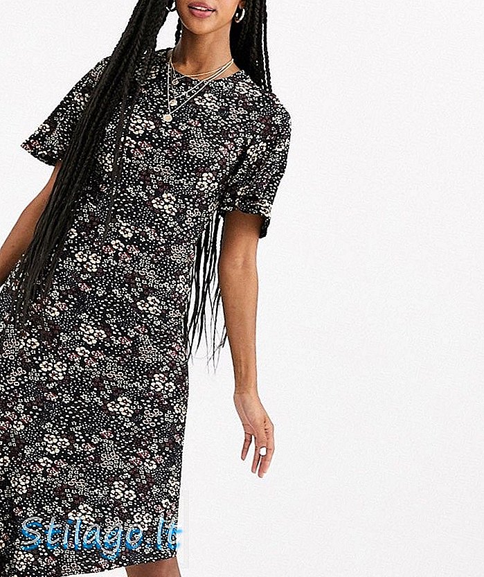 플로럴 프린트 블랙의 비대칭 밑단 미스 셀프 릿지 미디 드레스