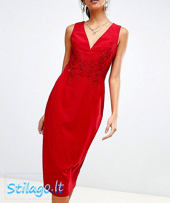 Gaun bodycon Little Mistress midi dengan applique bunga dan renda belakang-Merah