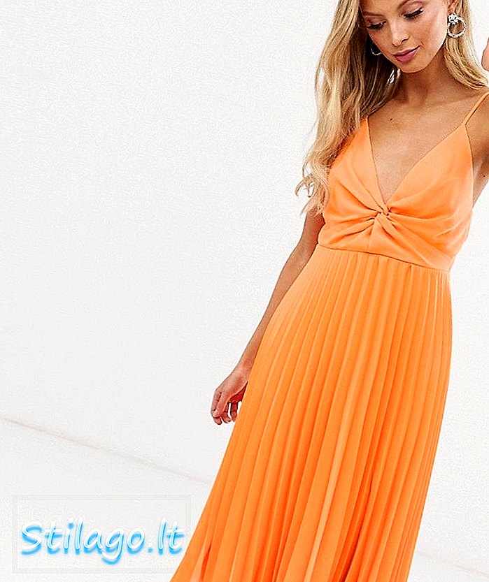 فستان متوسط ​​الطول من كامو ASOS DESIGN مع تنورة بليسيه وصدرية عقدة - برتقالي