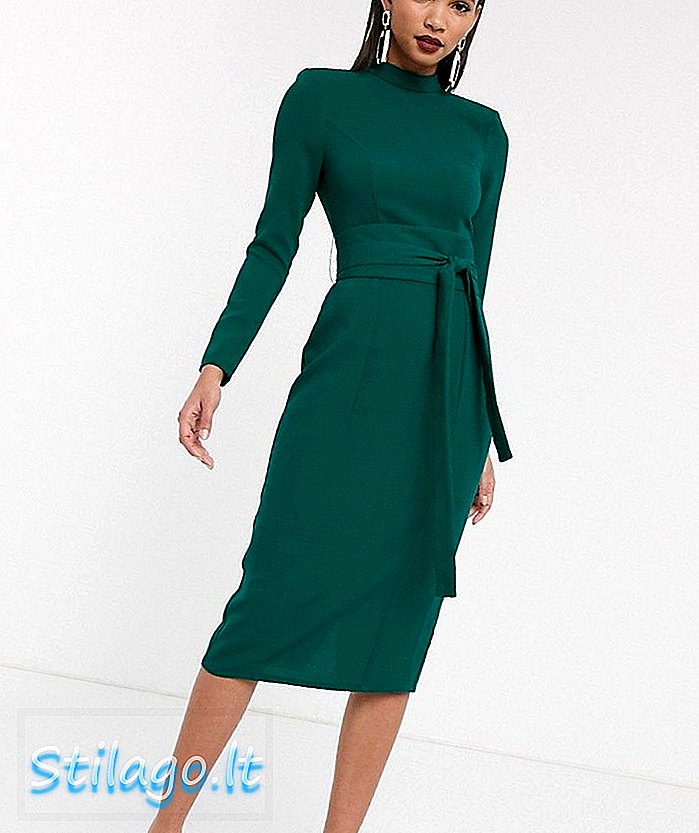 ASOS DESIGN - Midi-jurk met lange mouwen en riem met obi-groen