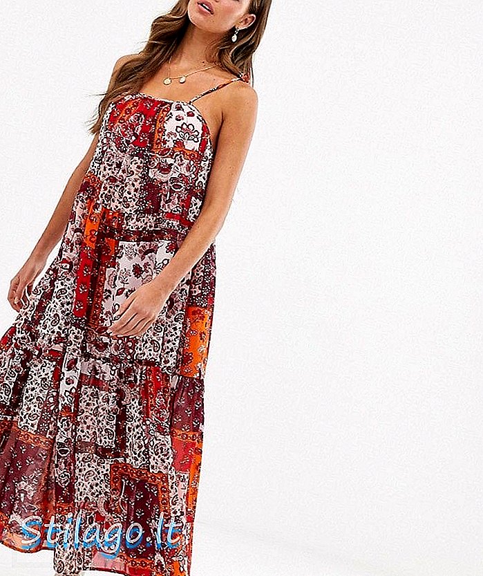 Neon Rose gelaagde maxi-cami-jurk met gestrikte schouders in patchwork-print-Multi