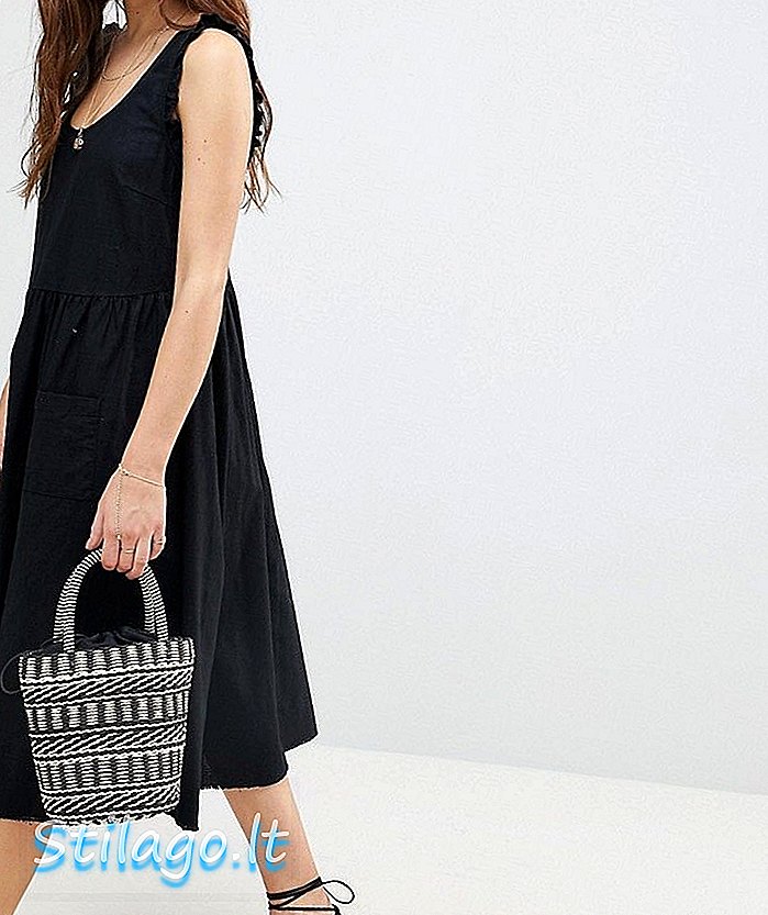 ASOS Ruffle Trim Smock Trapeze Midi Dress-Μαύρο