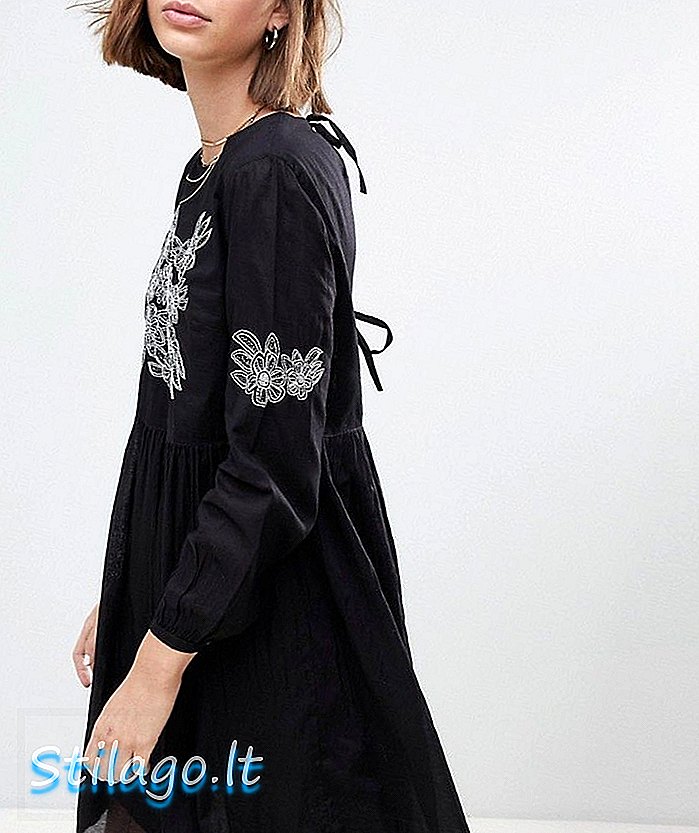 People Tree Smock Dress Dengan Sulaman-Hitam